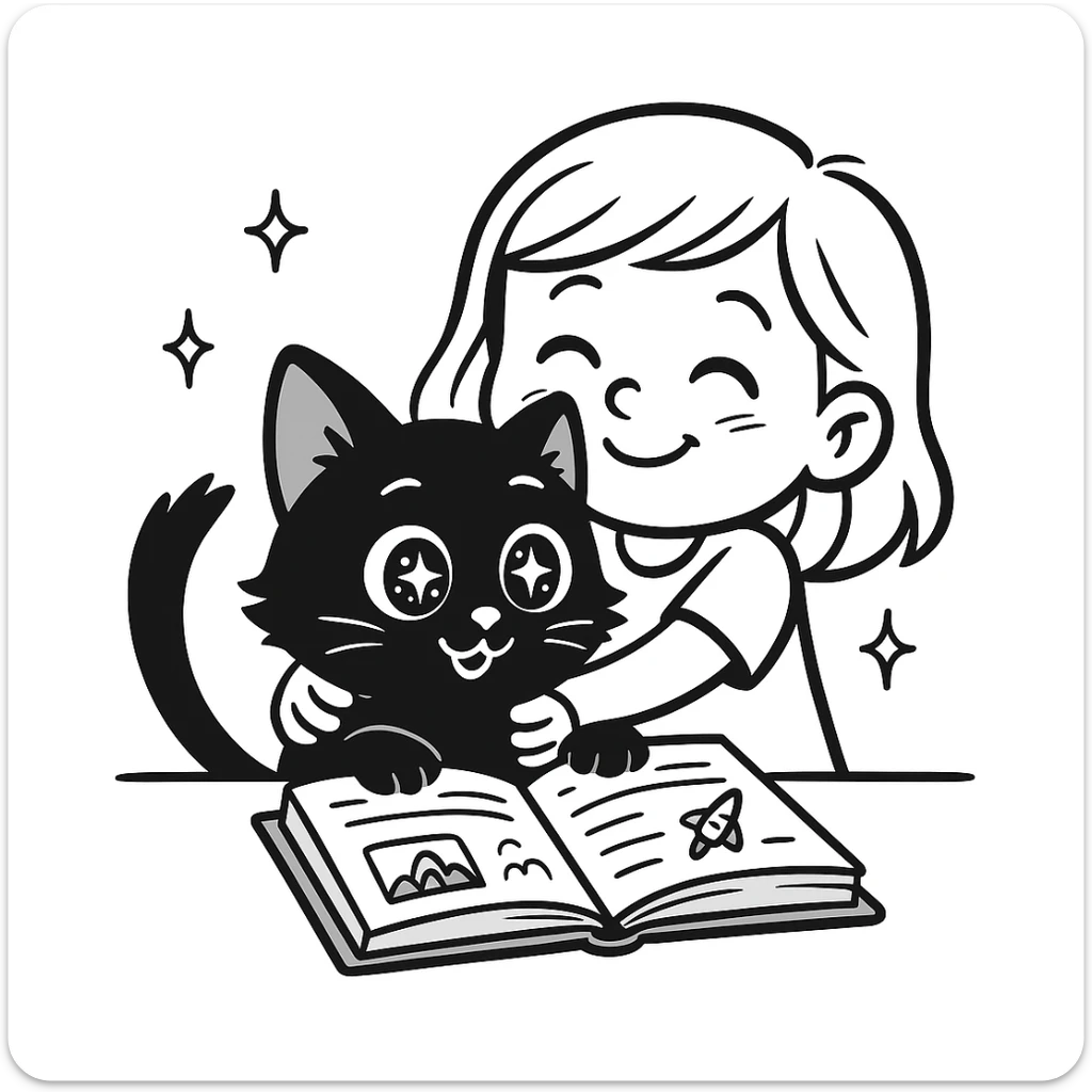 A kitten sitting at a table holding a book with stars in its eyes, and a girl hugging him from behind, doodle style. sticker