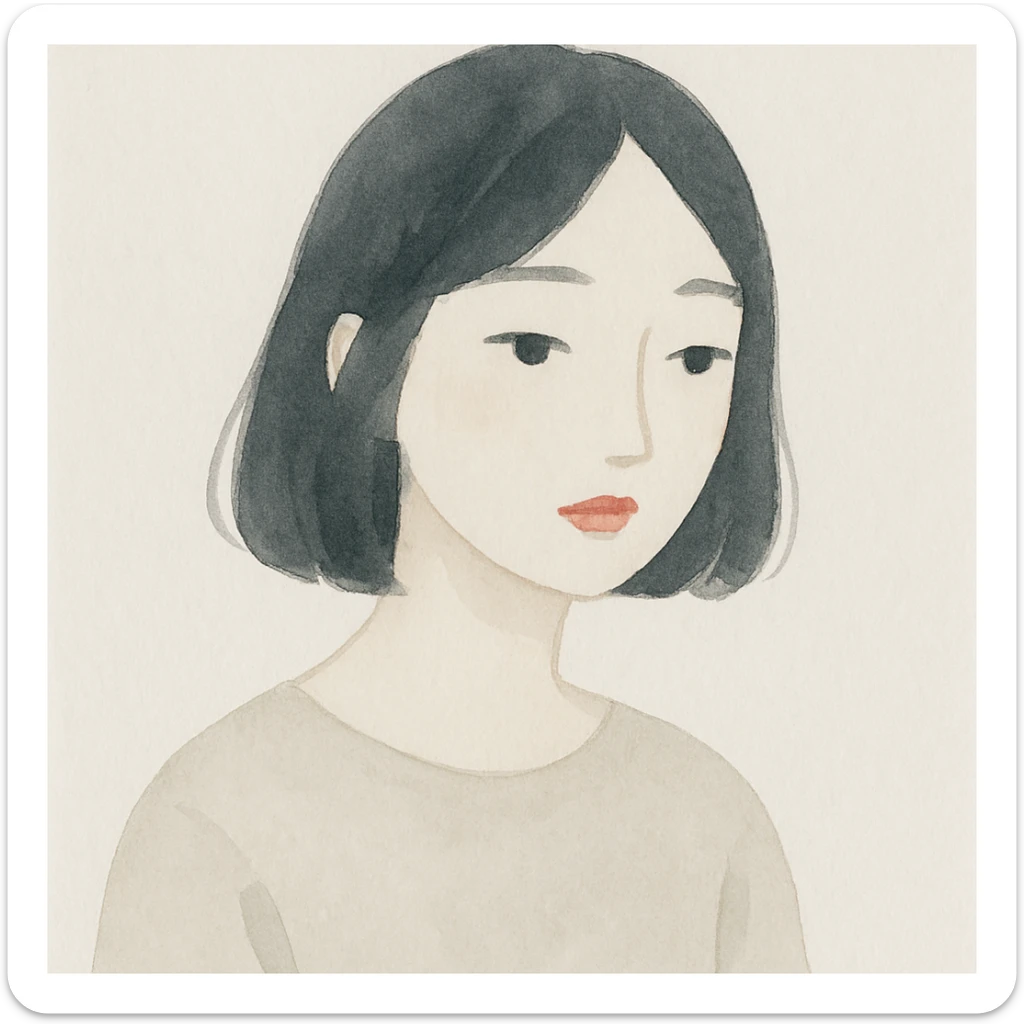 painterly illustration style girl with black hair, black eyes, and red lipstick sticker