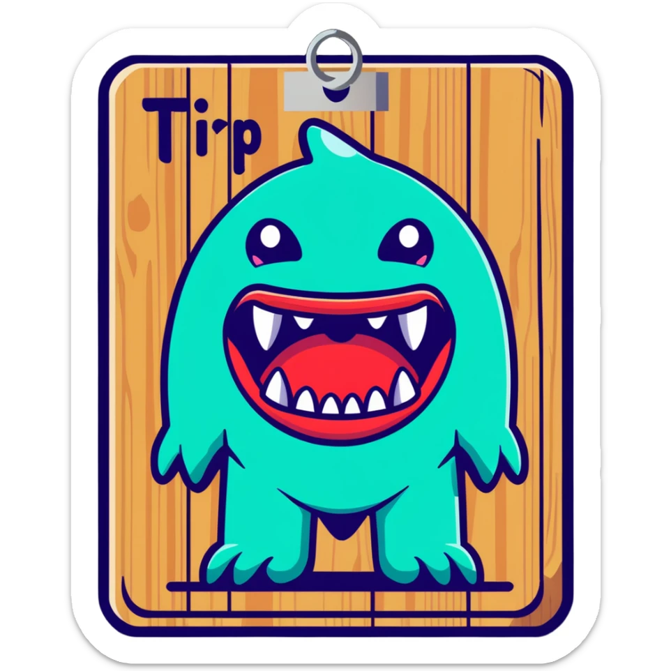 Fantasy tavern wooden sign with "Tipsy Mimic" name, with monster teeth and tongue sticker