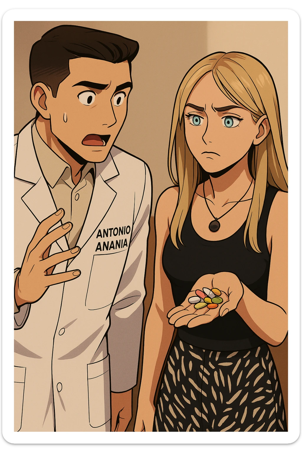 fai un webtoon/manga a colori con questo kinesiologo in camice bianco (fagli la scritta "ANTONIO ANANIA" SUL CAMICE) CHE PARLA CON QUESTA RAGAZZA CON GLI OCCHI AZZURRI. LA RAGAZZA HA UN PUGNO DI INTEGRATORI IN MANO (TANTE PILLOLE DIVERSE) E LE GUARDA DUBBIOSA. IL KINESIOLOGO CON IL CAMICE BIANCO LE DOMANDA UNA COSA SCIOCCATO. NON FARE I FUMETTI, FAI SOLO LORO COME SE DIALOGASSERO sticker