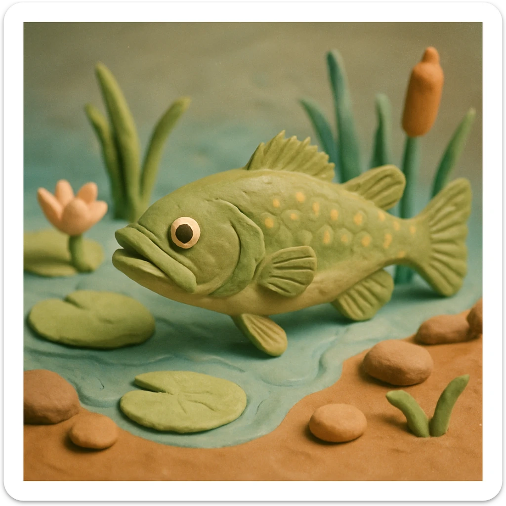 largemouth bass swimming in a pond, visible fingerprints, pastel colors, claymation style sticker