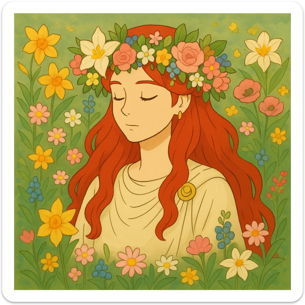 Add a crown of flowers to Persephone's head, keeping the Ghibli style and her vibrant red hair, surrounded by spring flowers. sticker