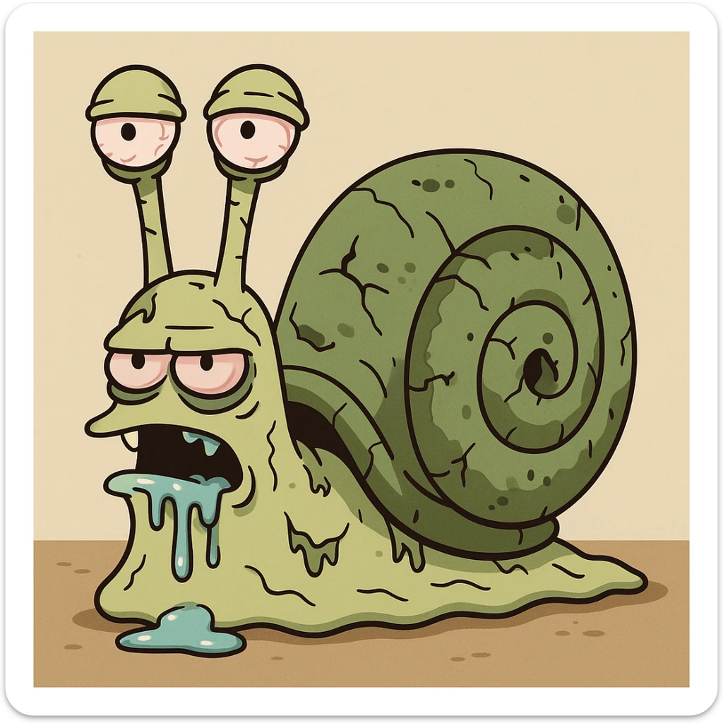 zombie snail, cartoon style, greenish decaying shell, drooling, creepy eyes sticker