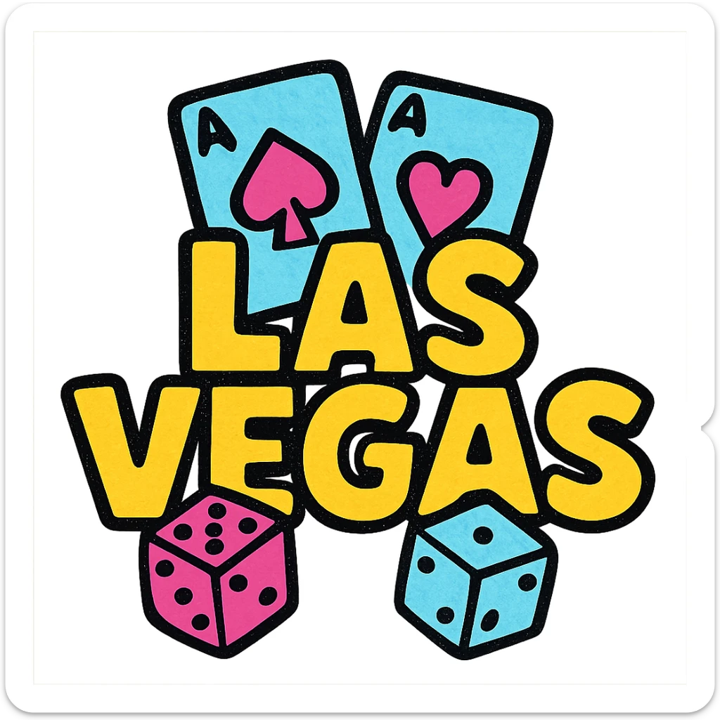 the word LASVEGAS in a casino theme, with playing cards and dice integrated sticker