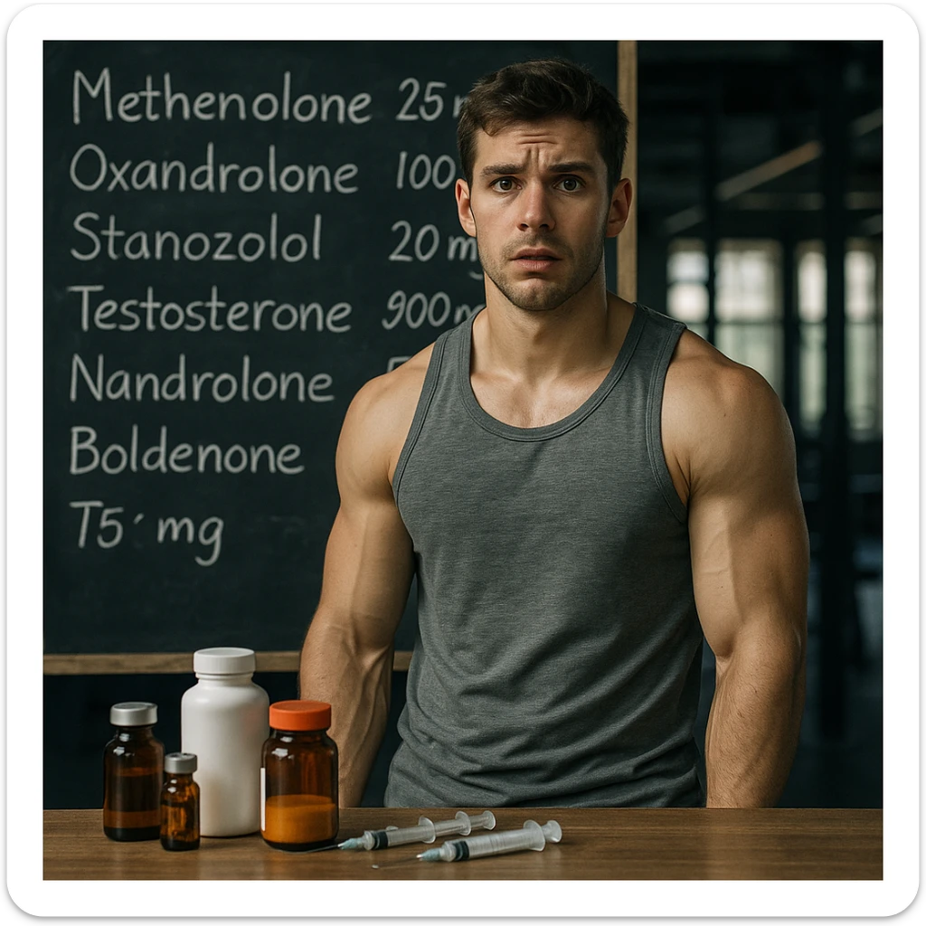 realistic muscular young man in front of blackboard full of molecule names and wrong dosages, lost look, bottles and syringes on table, confused atmosphere, gym background, 4K quality sticker