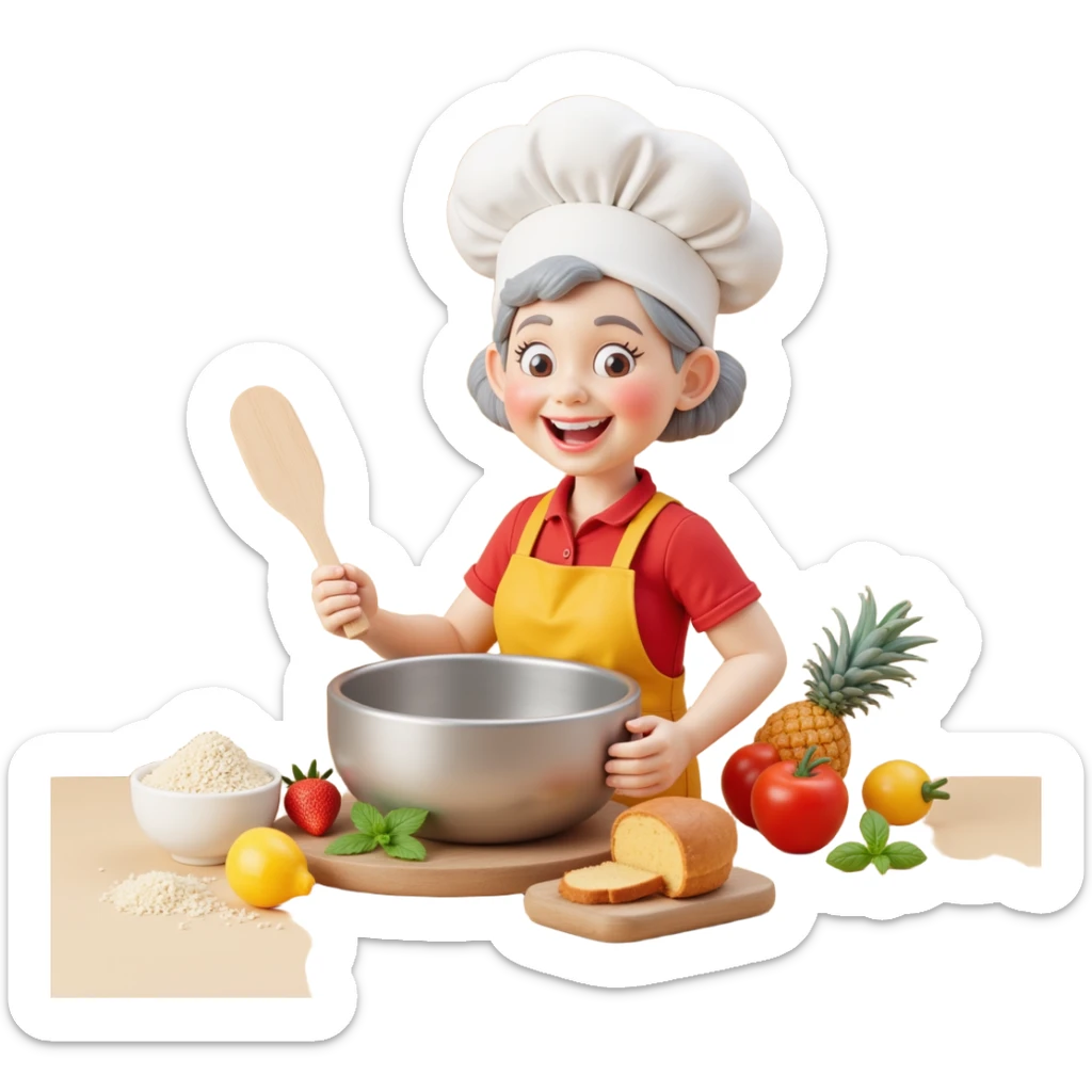 Portrait of a smiling grandma with a chef hat and a large mixing bowl, surrounded by baking ingredients, playful kitchen setting, emoji-style sticker
