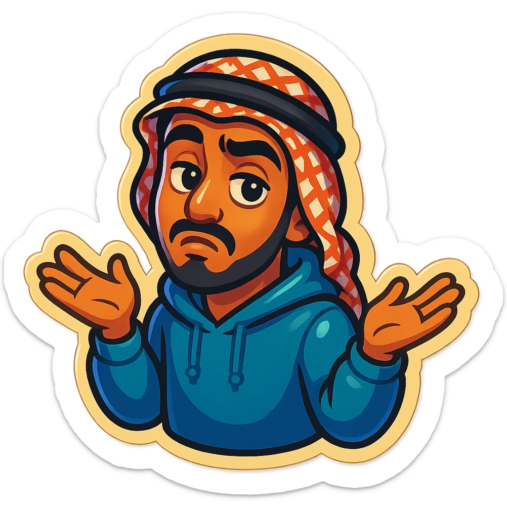 cartoonish, bold, vibrant emoji-style sticker of Ara, an Arab young man with medium brown skin, black hair, wearing casual urban Middle Eastern streetwear like a keffiyeh scarf or hoodie, shrugging with a ‘whatever’ attitude and exaggerated expression sticker