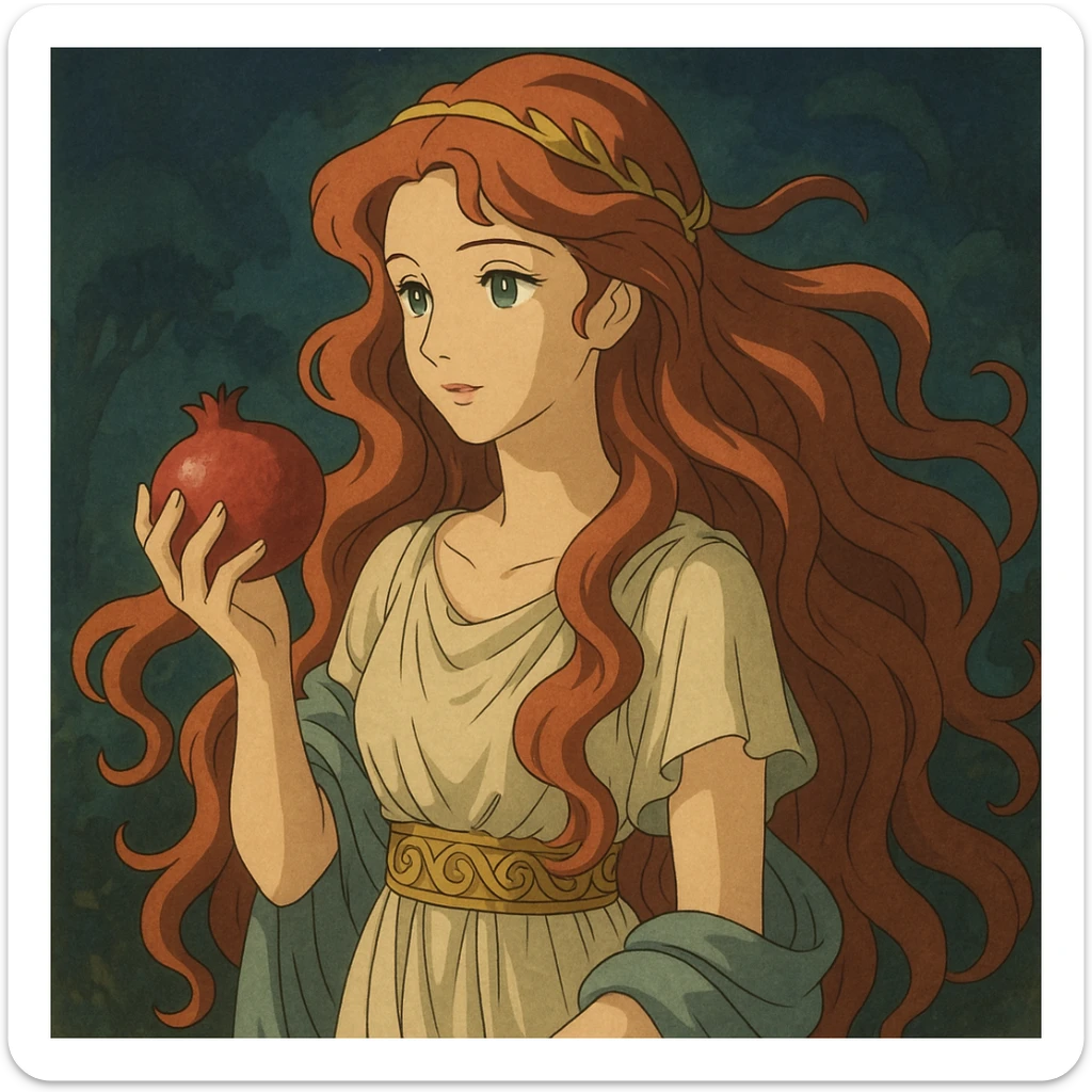 Persephone depicted with flowing red hair, holding a pomegranate, ancient Greek attire, mystical and enchanting sticker
