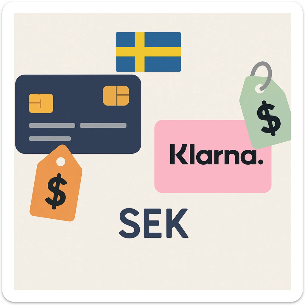 illustration showing a credit card with a high price tag or expensive symbol next to it, and a pink Klarna card with a lower price tag or savings symbol, representing that card payments are more expensive than Klarna in Sweden, include a small Swedish flag and SEK currency symbol, clear Swedish context sticker