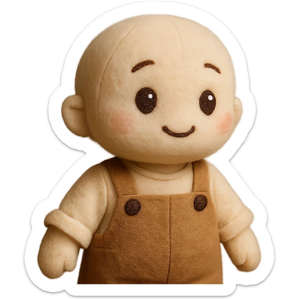 Dress the small, soft plush character in cute clothes, maintaining the plush portrait style with a transparent background. sticker