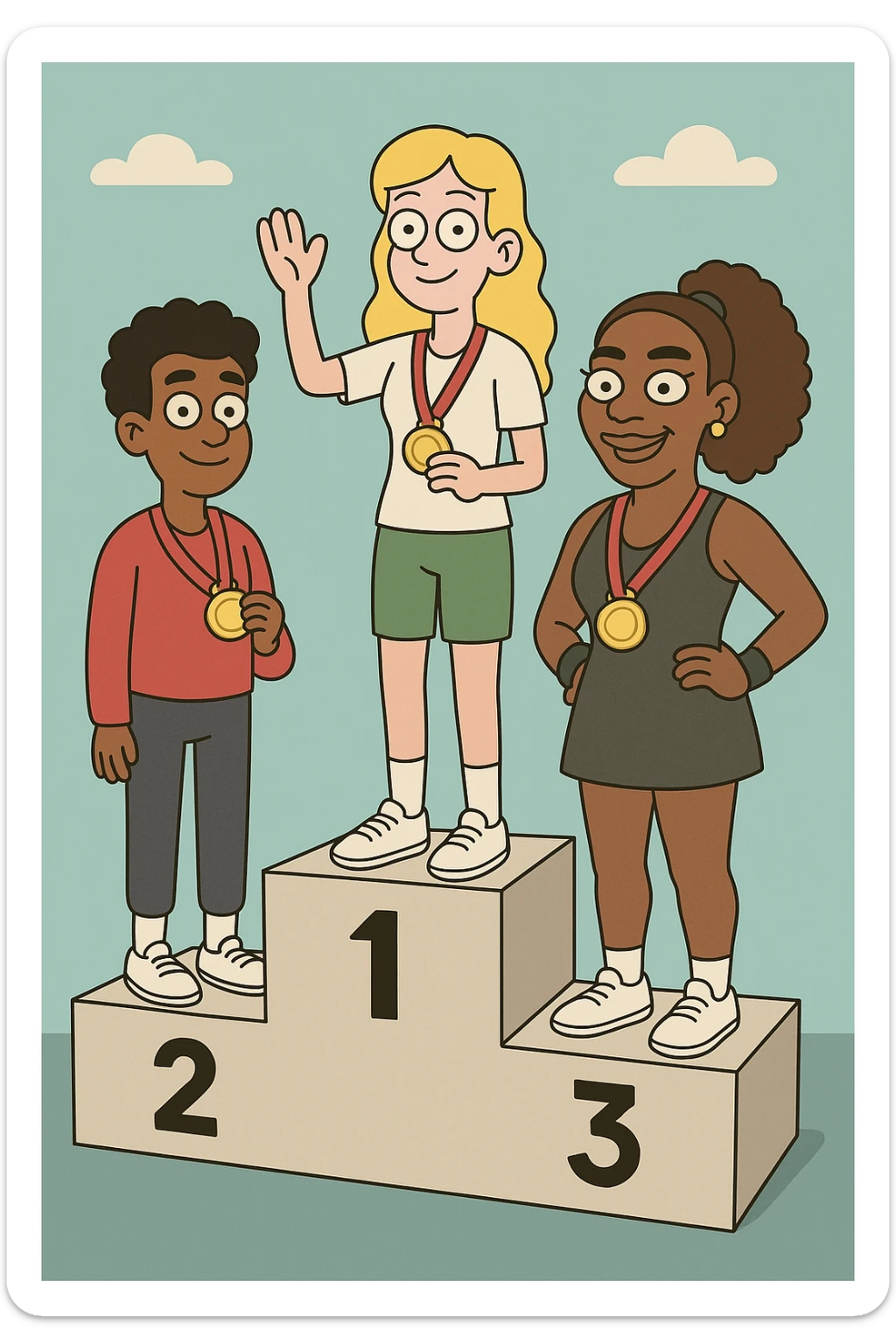 winners podium girl yellow hair Olympic Gold Medal a boy brown skin black Classic Curl hair Olympic Gold Medal Serena Williams Olympic Gold Medal  sticker