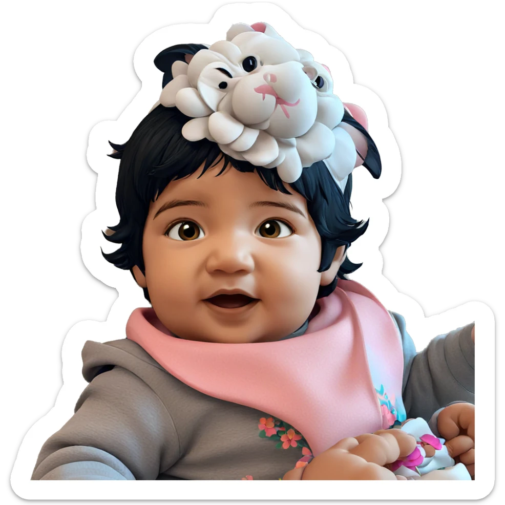 baby girl with cat and flower sticker