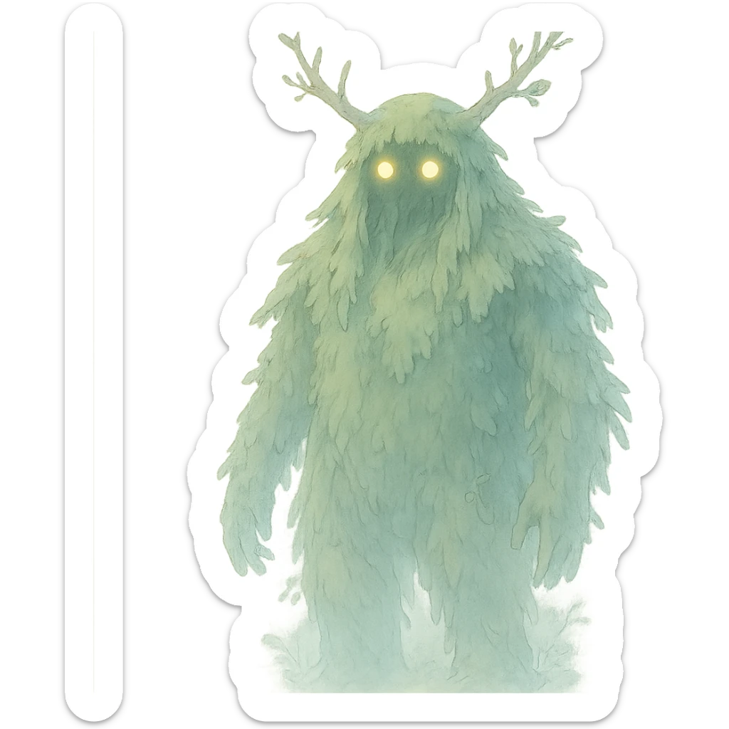 forest spirit with glowing eyes in ghibli style, mystical, ethereal, detailed sticker