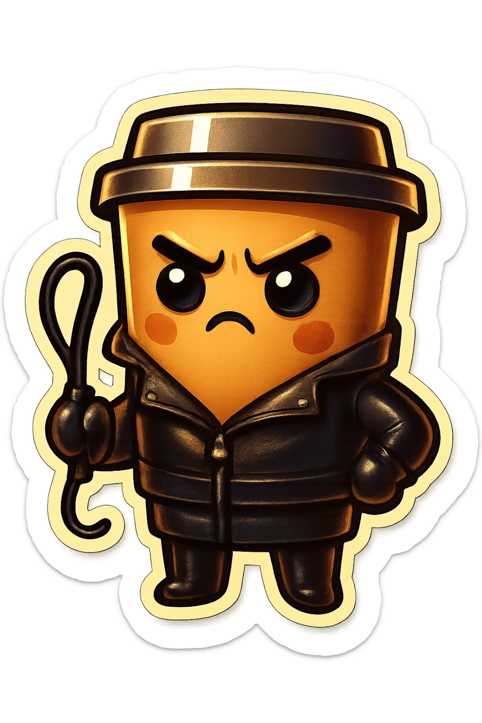 Tall coffee cup, dressed in leather holding a whipping crop, eyebrow furrowed sticker