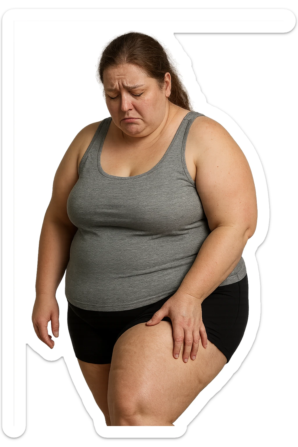 donna grassa che si tocca la coscia con espressione triste, IPERREALISTICA 4K sticker