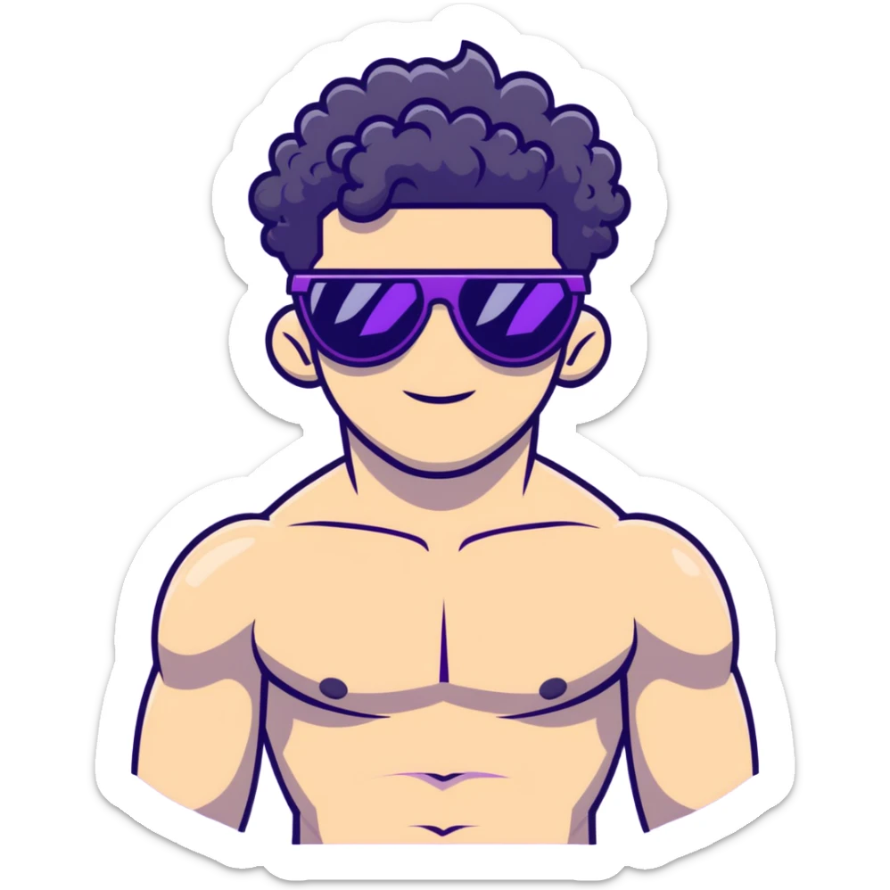 shirtless male athlete with white skin and moderately curly black hair on top with shaved sides, wearing purple sunglasses with black tinted lenses sticker