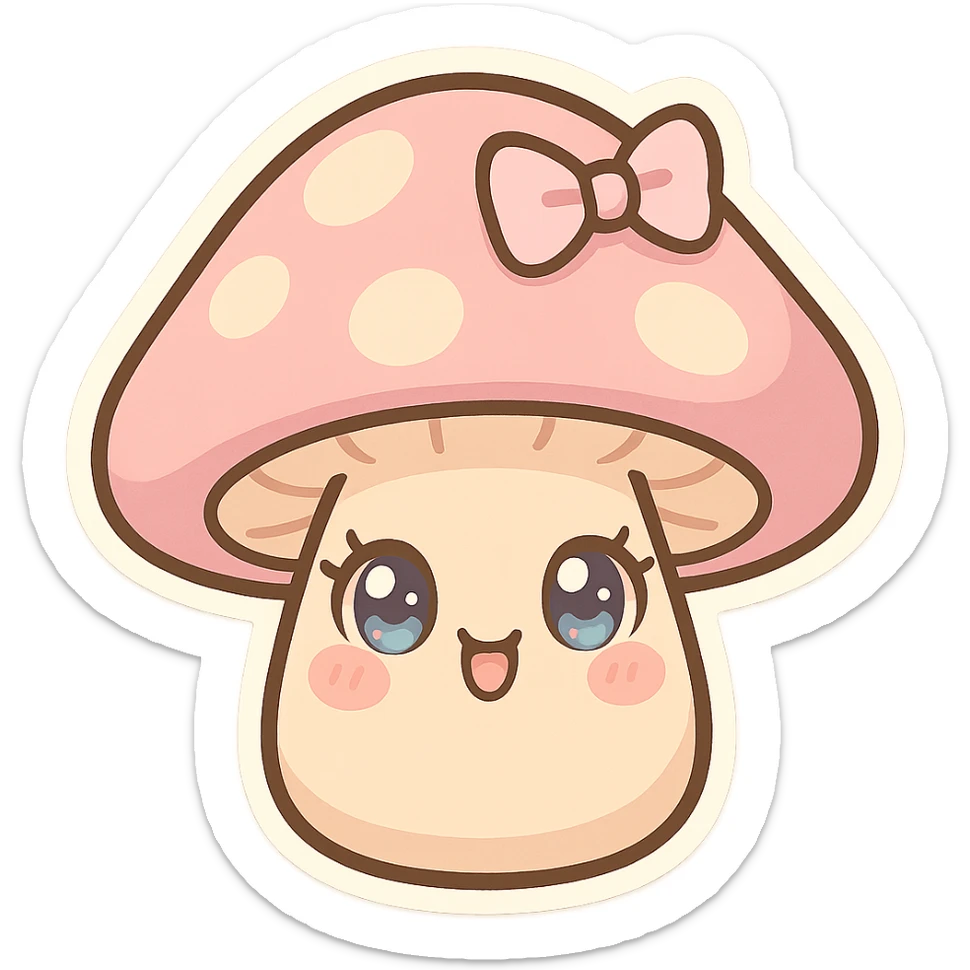 chibi sticker-style mushroom with a girly vibe, pastel colors, big eyes, cute and exaggerated sticker