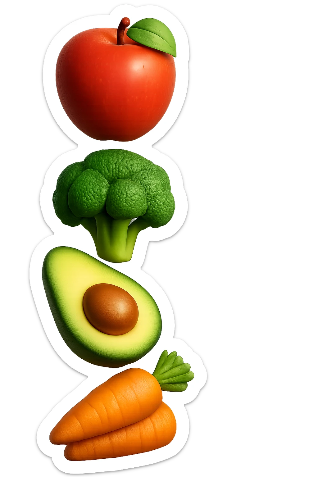 emoji stile iphone in 3d di cibo sano che fluttua in aria vericalmente, iperrealistico 4k sticker