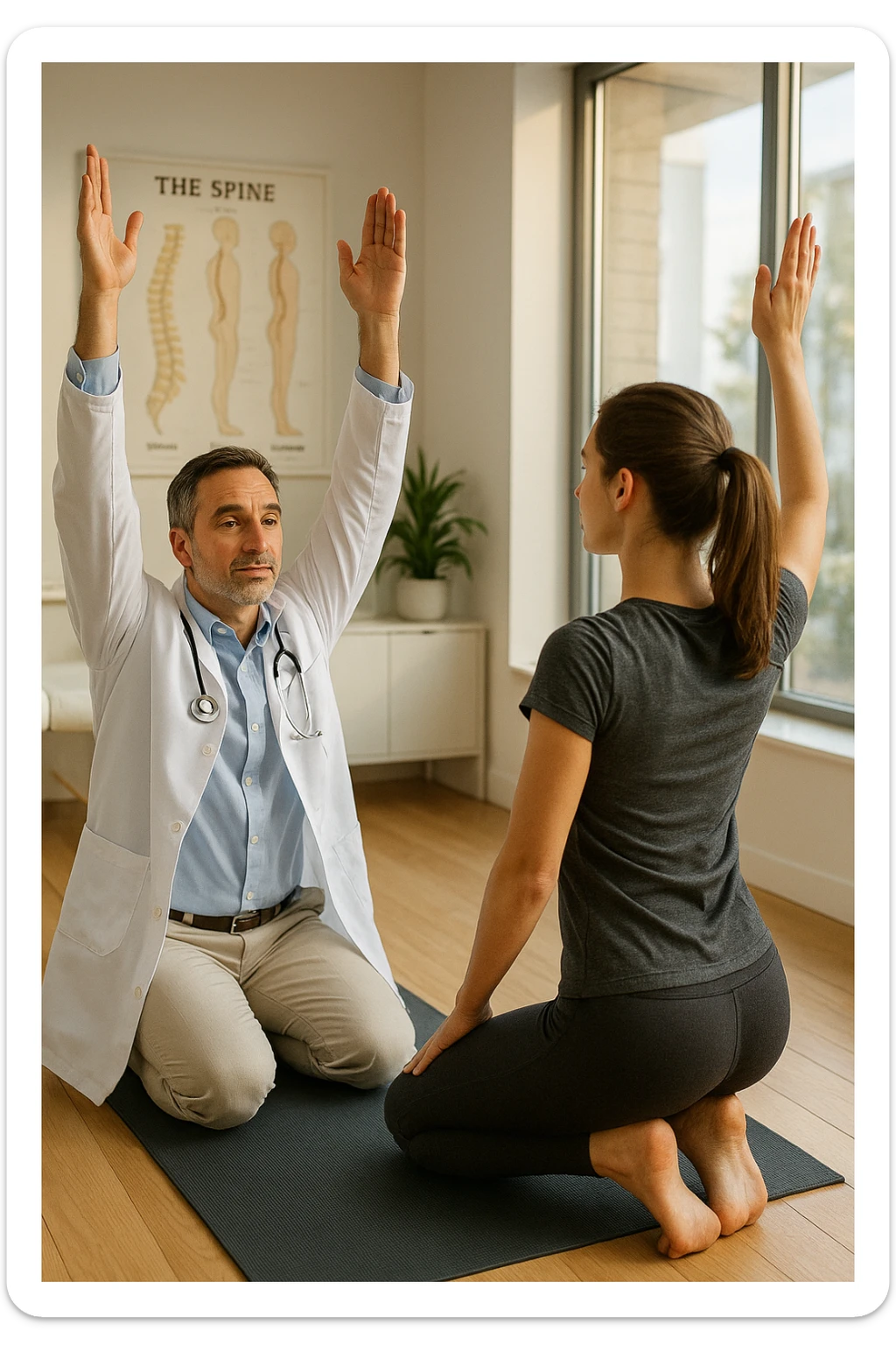 A realistic, cinematic illustration of a professional doctor in a white coat inside a bright, modern medical office, demonstrating a simple stretching exercise to a patient for improving posture. The doctor, calm and encouraging, shows a gentle spinal extension stretch while explaining its benefits for posture and spinal health, with an anatomical poster of the spine and posture alignment in the background. The scene includes a yoga mat, clean wooden floors, and natural light streaming through large windows, creating a warm, health-focused atmosphere. The patient, in comfortable activewear, watches and mirrors the stretch, emphasizing the preventive and therapeutic role of stretching for posture correction under medical guidanc sticker