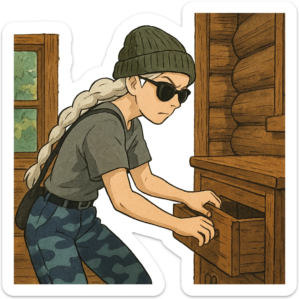 1 female, long white braid, knit cap, dark sunglasses, GRAY T-SHIRT, blue camo pants, LOOTING A CABIN, OPENING A DRAWER sticker