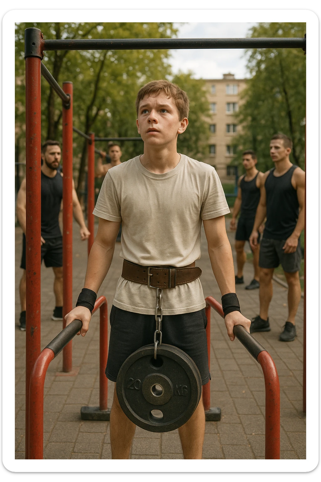 Giovane atleta neofita, fisico normale e non ancora sviluppato, si allena per la prima volta in uno spazio urbano per streetlifting: sbarra per trazioni, parallele, e pesi appesi alla cintura. L’ambiente è un parco cittadino o un’area outdoor sportiva, con luce naturale. L’atleta guarda la sbarra con determinazione e un po’ di insicurezza, ma con forte motivazione. Intorno, altri atleti più esperti. Stile realistico, atmosfera motivazionale, toni energici ma credibili, senso di inizio di un percorso sticker