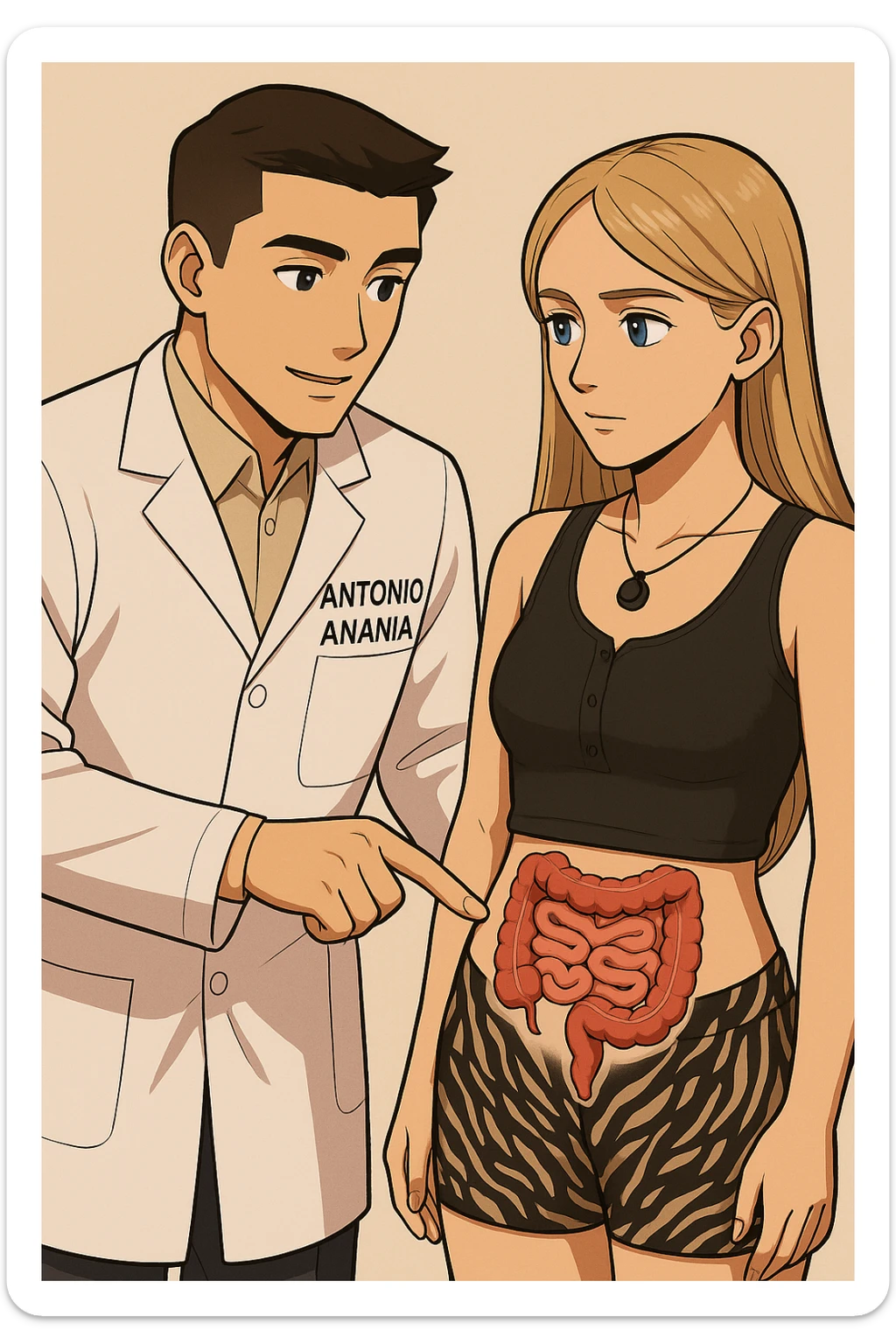 fai un webtoon/manga a colori con questo kinesiologo in camice bianco (fagli la scritta "ANTONIO ANANIA" SUL CAMICE) CHE PARLA CON QUESTA RAGAZZA CON GLI OCCHI AZZURRI. IL KINESIOLOGO CON IL CAMICE BIANCO LE TOCCA LA PANCIA CON UN DITO DOVE C'è L'INTESTINO. NON FARE I FUMETTI, FAI SOLO LORO COME SE DIALOGASSERO sticker