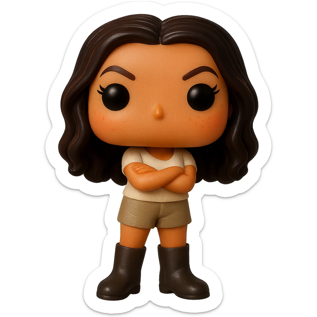 Enhance the image quality with smooth golden peach skin and a healthy glow, dark hair with auburn highlights, dark greige leather boots, textured clothing (cream top, greige bottom), arms crossed as in the reference image, coral peach cheekbones, subtle freckles, no neck visible, eyebrows with a mischievous and playful expression, no mouth, transparent background. Maintain the original style and composition. sticker