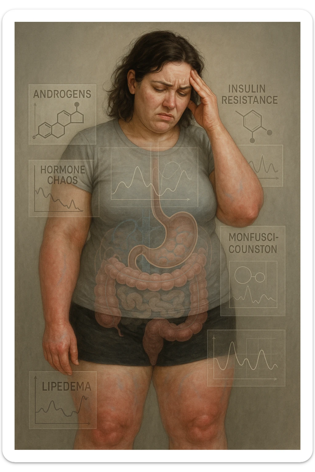cinematic realistic in italiano Woman with PCOS struggling with hormonal chaos, transparent overlay showing elevated androgens and insulin resistance affecting her body, lipedema causing disproportionate fat accumulation in legs and arms despite normal torso, expression of frustration with unexplained weight gain, medical charts showing complex endocrine dysfunction, painful swollen limbs contrasting with metabolic confusion scrivi in italiano sticker