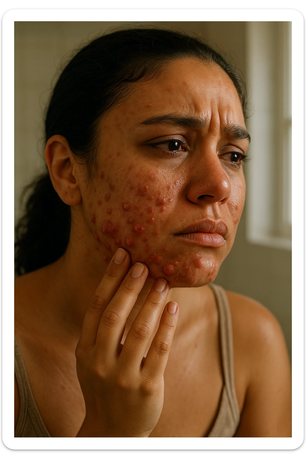 A highly realistic, cinematic portrait of a young woman in her late 20s with medium skin tone, showing visibly inflamed, deep cystic acne along her jawline, cheeks, and chin. Her skin appears red and irritated around the acne nodules, with noticeable swelling and tenderness, illustrating the painful nature of cystic acne linked to PCOS. Her facial expression shows discomfort and emotional distress, with slightly teary eyes as she gently touches an inflamed area on her jawline with her fingertips. Her hair is pulled back to clearly show the acne areas, and her skin has a slightly oily texture due to androgen-related sebum overproduction. The environment is a softly lit bathroom with neutral daylight, emphasizing the skin texture, redness, and deep acne. The style is realistic, 35mm cinematic photography with warm, neutral tones, soft shadows, and clear skin detail, providing a compassionate yet direct visualization of PCOS-related cystic acne sticker