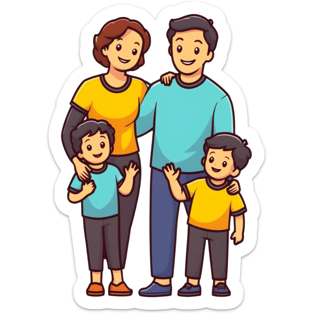 happy family: father, mother, two children, all smiling, bright colors sticker