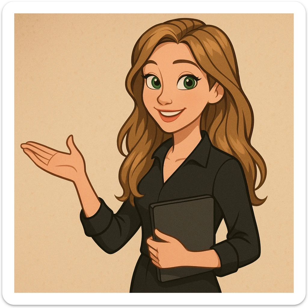 Cartoon Disney style smiling European woman, dark blonde beachy long hair, green eyes, black long-sleeved blouse, business attire, no glasses or chain, teaching pose, software developer sticker