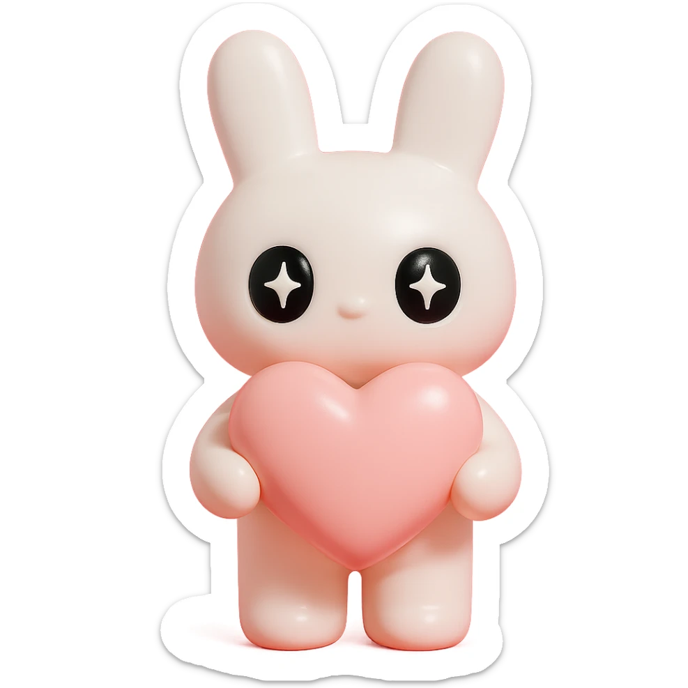 white bunny holding a big heart with sparkling eyes, vinyl figure style sticker