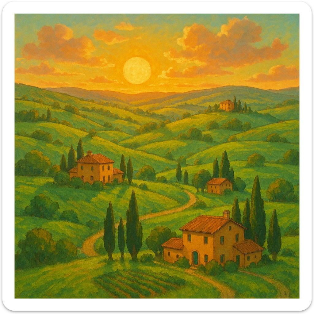 Tuscany landscape at golden hour, sun low on horizon, lush green hills, rustic villas, vibrant colors, ghibli-inspired style sticker
