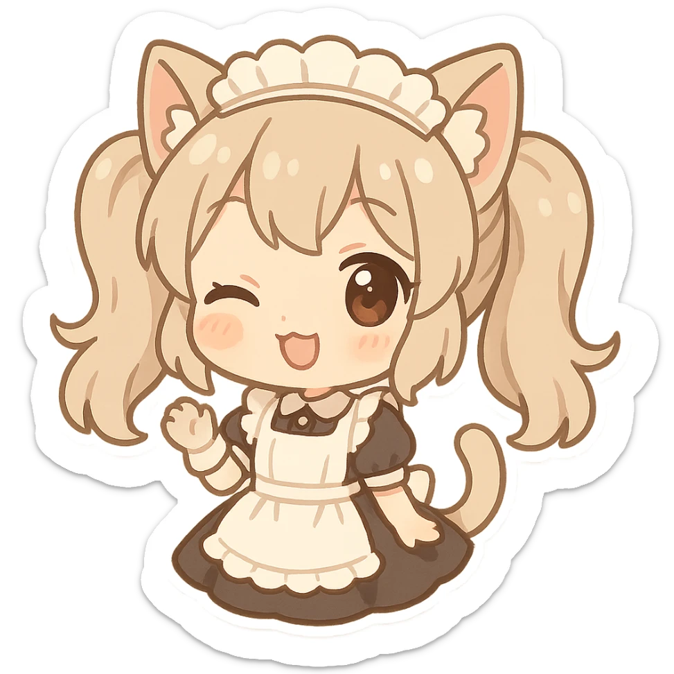 cute cat girl with twin tails, wearing a maid outfit, winking sticker