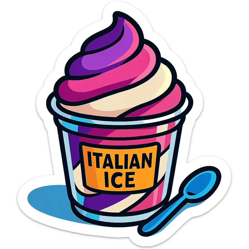 Italian ice in a clear cup, swirled layers of purple, pink, and white, with a small spoon sticker
