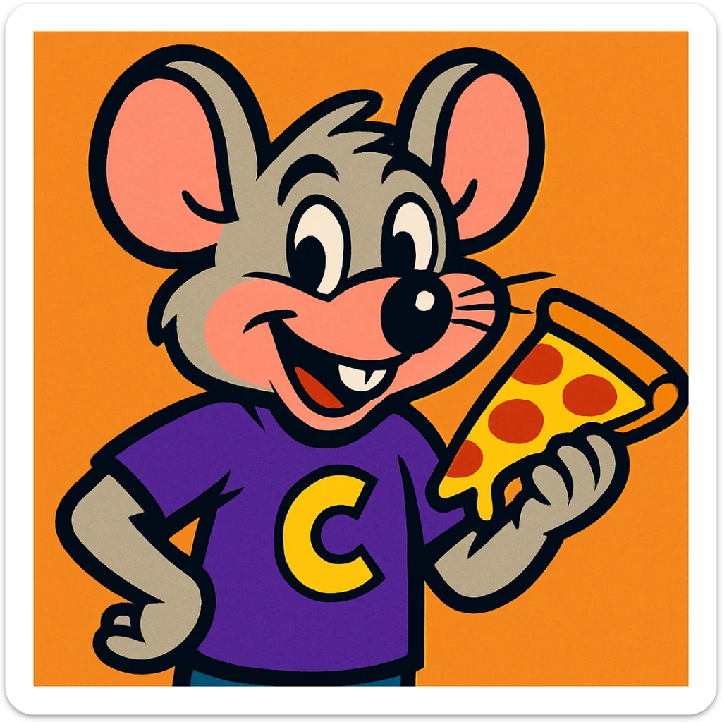 Chucky Cheese style mouse mascot, holding a slice of pizza, purple shirt, playful expression, cartoon style sticker