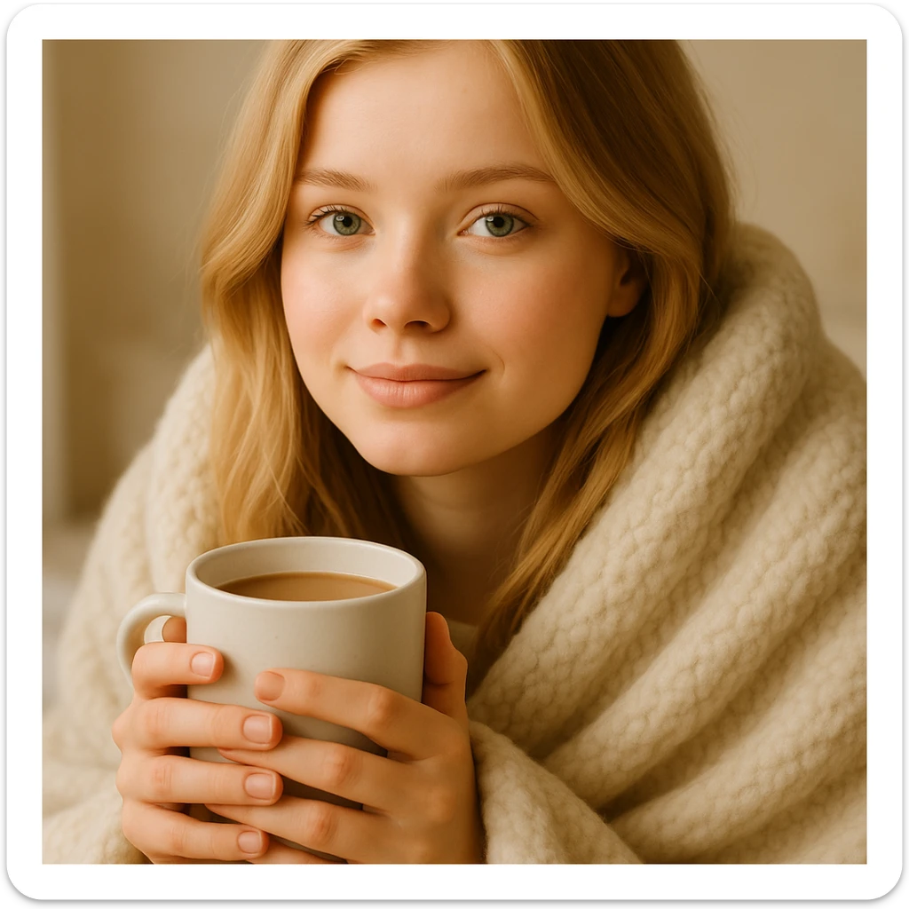 Show the blonde girl wrapped in a blanket, holding a coffee mug, with her eyes open, peaceful and cozy. Emphasize the warm and comforting mood. sticker
