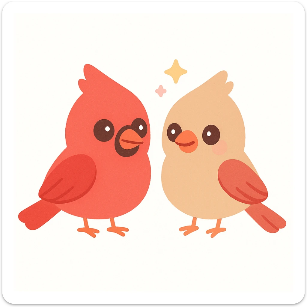 a pair of northern cardinals: bright red male with crest, black mask, orange beak, and female with light brown feathers, reddish wings and tail, small crest, softer black mask, orange beak, cohesive style, charming illustration sticker