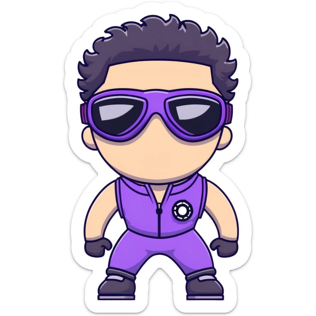 male athlete with white skin and moderately curly black hair on top with shaved sides, wearing ski goggles with purple frames and very dark black lenses, a simple plain black chain necklace, and a completely unzipped sleeveless vest with purple and black sequin fire pattern design with no logo or brand emblem, fully revealing his chest, shoulders and arms, no earrings sticker