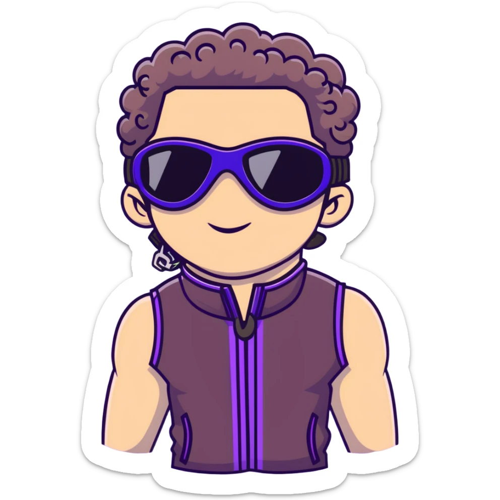 close-up of male athlete with white skin and moderately curly dark brown hair on top with shaved sides, wearing ski goggles with purple frames and very dark black lenses, a simple plain black chain necklace, and a completely unzipped sleeveless vest with purple and black sequin fire pattern design with no logo, frame centered on face and upper chest sticker