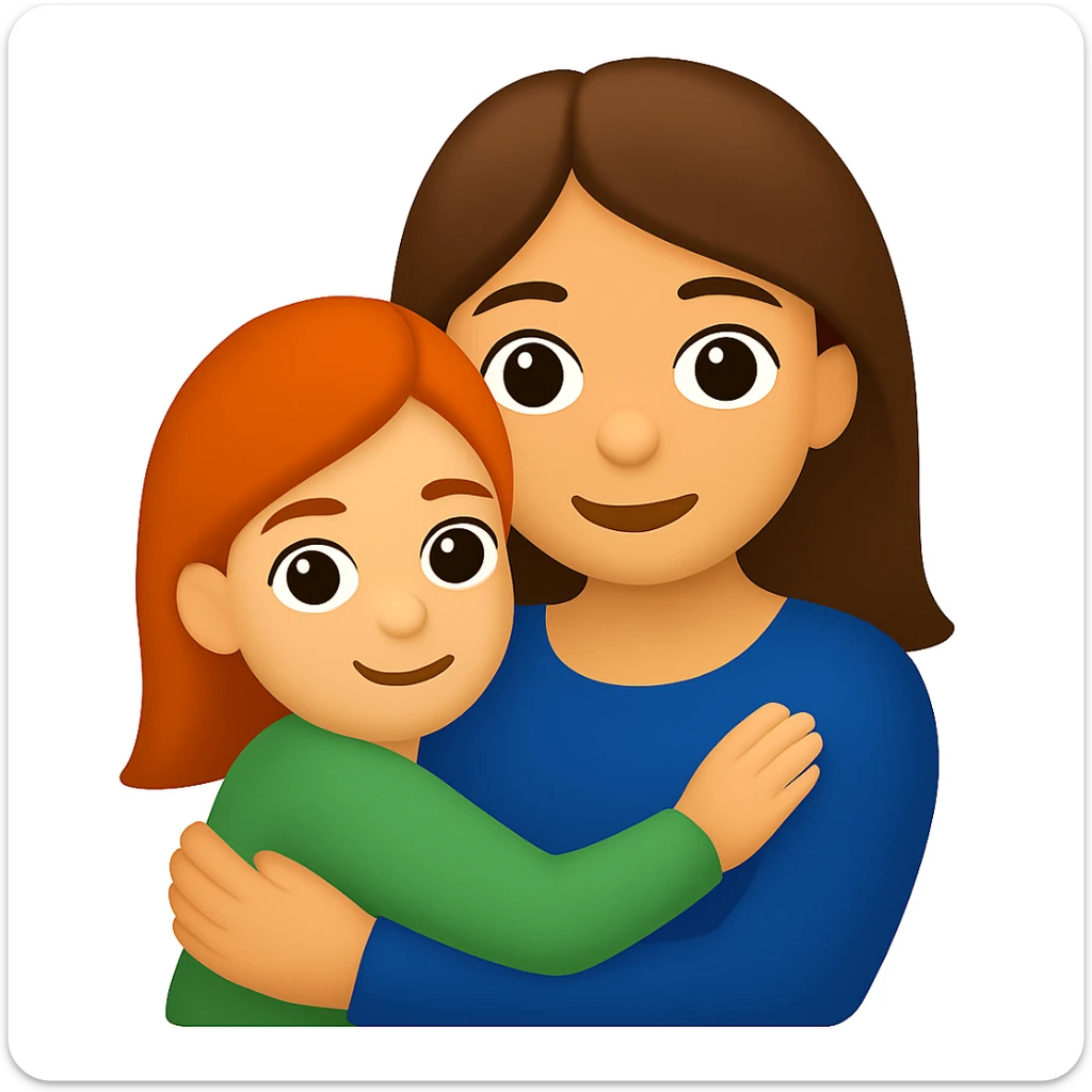 Change colors: girl with red hair and green t-shirt, mother with brown hair and blue dress, in emoji style. sticker