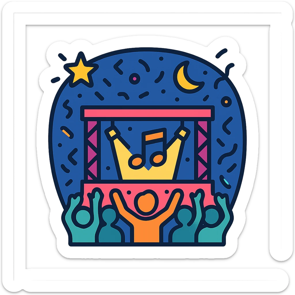 music festival, night time, glowing stage, audience with hands up, confetti, modern vector style sticker