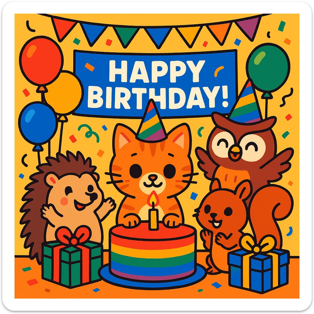 vibrant-toon style birthday party scene with a rainbow color theme including rainbow balloons, multicolored decorations, confetti, a large rainbow birthday cake, gifts, and a festive atmosphere. Main character is a ginger tabby kitten wearing a birthday hat, surrounded by a hedgehog, owl, and squirrel also celebrating. Prominent 'Happy Birthday!' message included in the scene. sticker