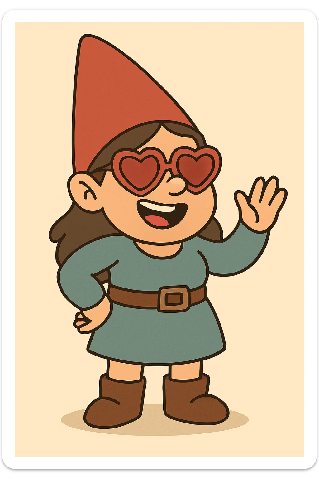 Change the sunglasses on the female gnome to heart-shaped, playful style sunglasses. Keep the rest of the image intact. sticker