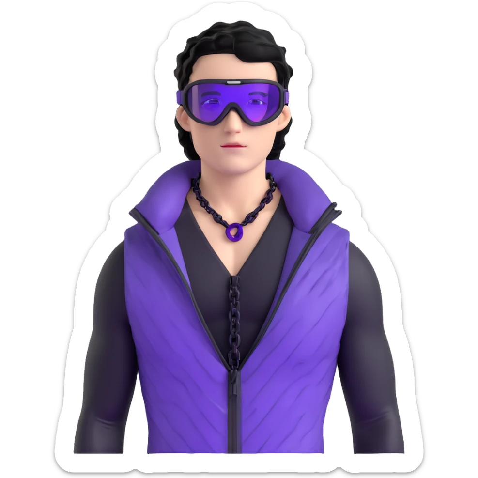 male athlete with white skin and moderately curly black hair on top with shaved sides, wearing ski goggles with purple frames and very dark black lenses, a simple plain black chain necklace, and a completely unzipped shiny vest with purple and black sequin fire pattern design, fully revealing his chest and abs, no earrings sticker