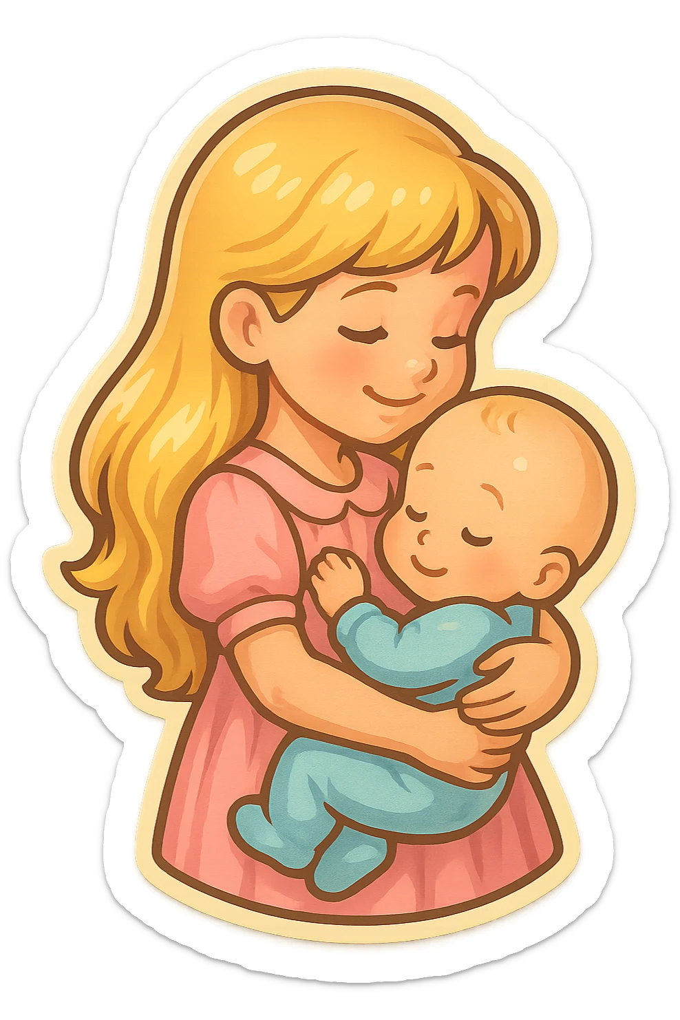 cute girl with long blonde hair holding a baby in her arms, smiling, side view, retro stickers style, thin clean outlines, soft rounded shapes, pastel palette, retro sticker aesthetic, detailed shadows and highlights, soft lighting sticker