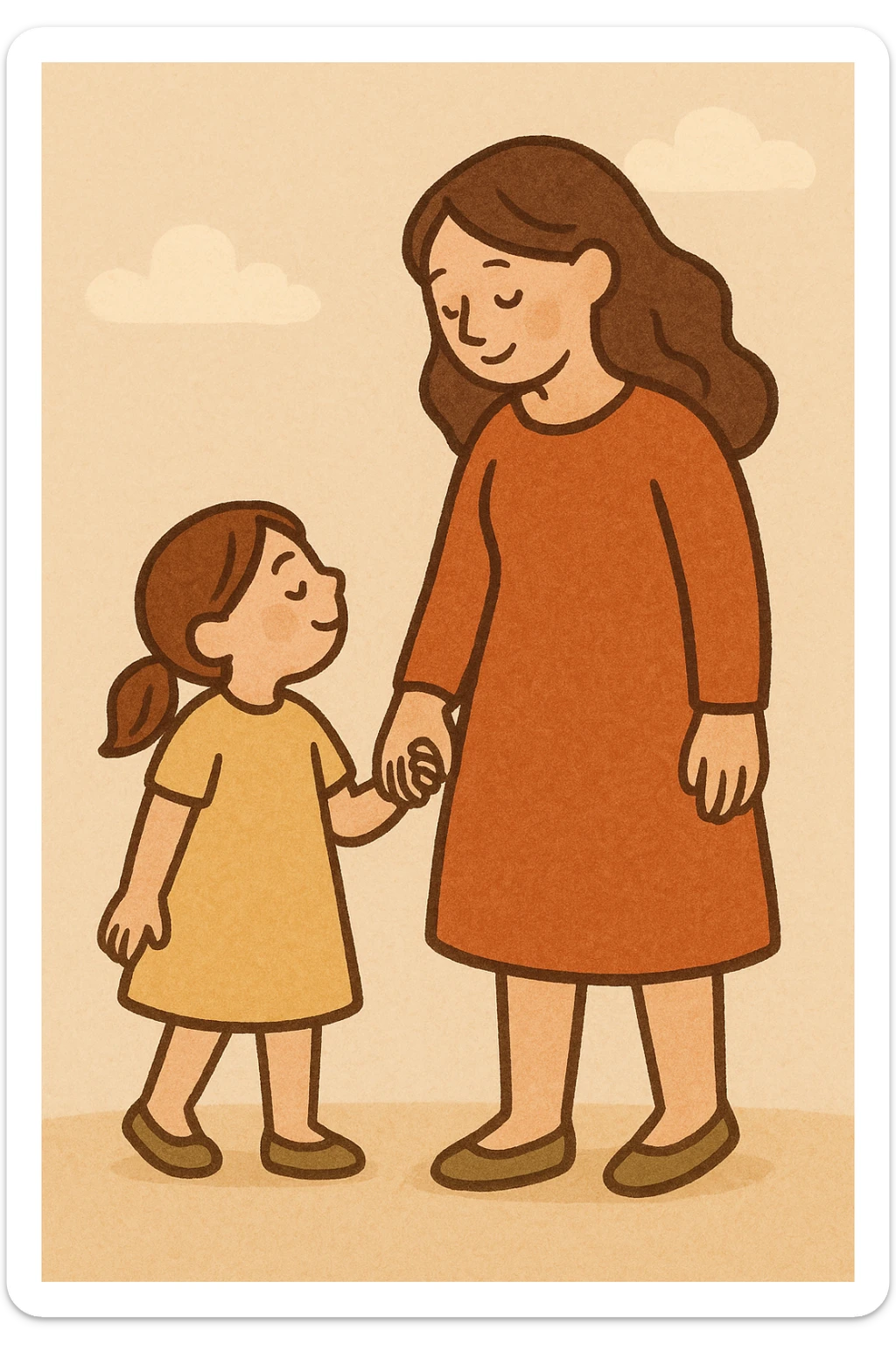 daughter holding hands with mother, warm illustration style, simple background sticker