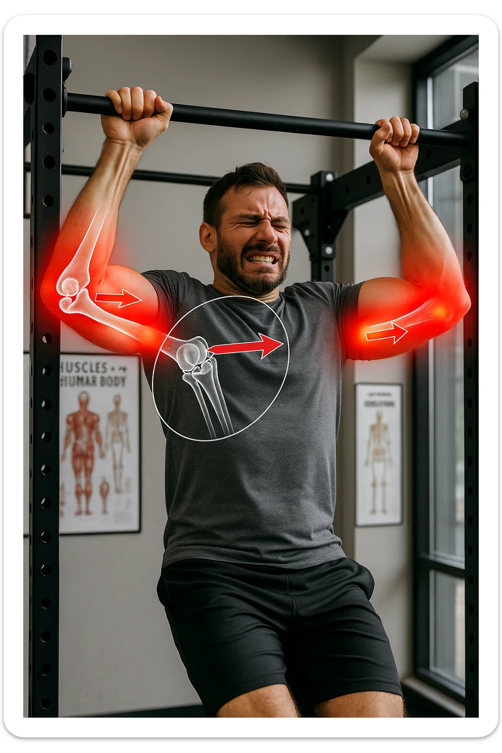 a man in gym clothes esegue una trazione alla sbarra con una tecnica visibilmente scorretta—gomiti troppo larghi o polsi piegati in modo innaturale. I gomiti sono evidenziati con un alone rosso acceso per indicare dolore o infiammazione. Un diagramma trasparente mostra le forze errate applicate sull’articolazione. La scena è ambientata in una palestra moderna, con poster educativi sullo sfondo. sticker