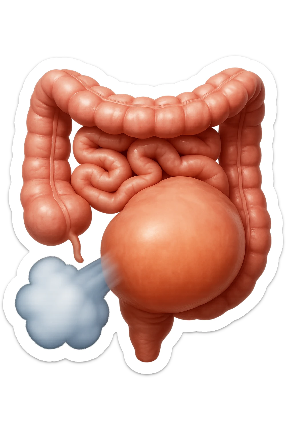 emoji stile iphone di un intestino che ingoia una nuvoletta di aria ben visibile e gli si gonfia la pancia, non fargli il naso, iperrealistico 4k sticker