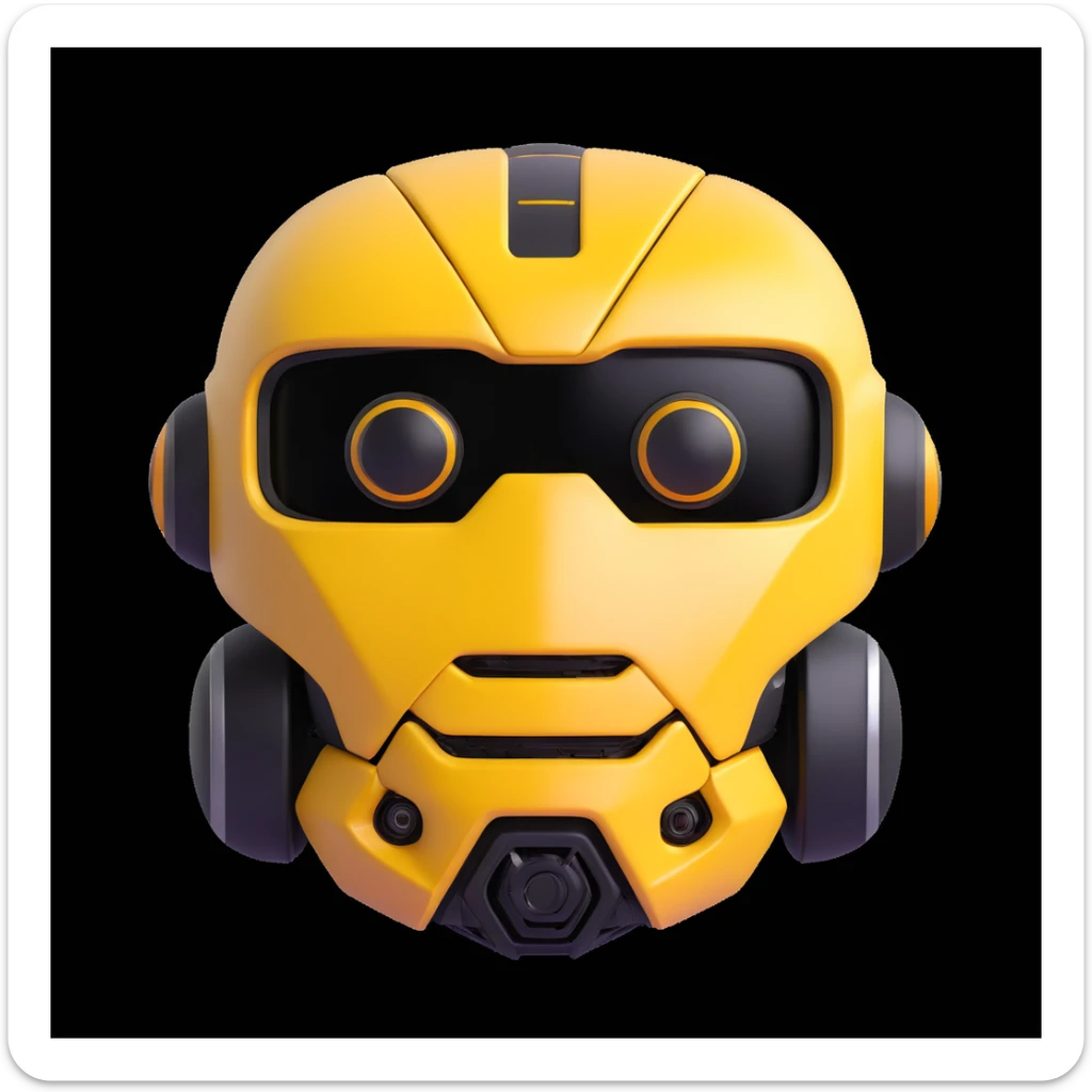 3D rendered emoji of a robot face inspired by Bumblebee, with Toyota GR86 front features, yuzu fruit skin texture, yellow background, black rounded border sticker